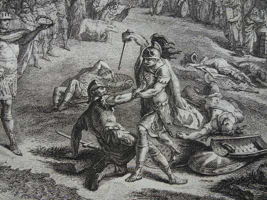Gevecht tussen de Horatii en de Curiatii Geschiedenis van Rome Antieke prent Originele 200+ jaar oude illustratie Romeinse mythologie