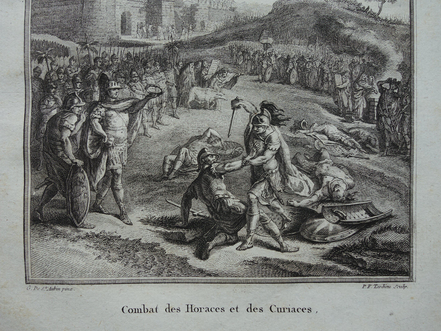 Gevecht tussen de Horatii en de Curiatii Geschiedenis van Rome Antieke prent Originele 200+ jaar oude illustratie Romeinse mythologie