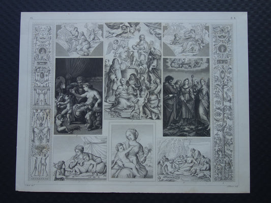 Antieke prent kunstgeschiedenis schilderkunst uit renaissance Raphael Leonardo Da Vinci  Michelangelo originele oude illustratie prints