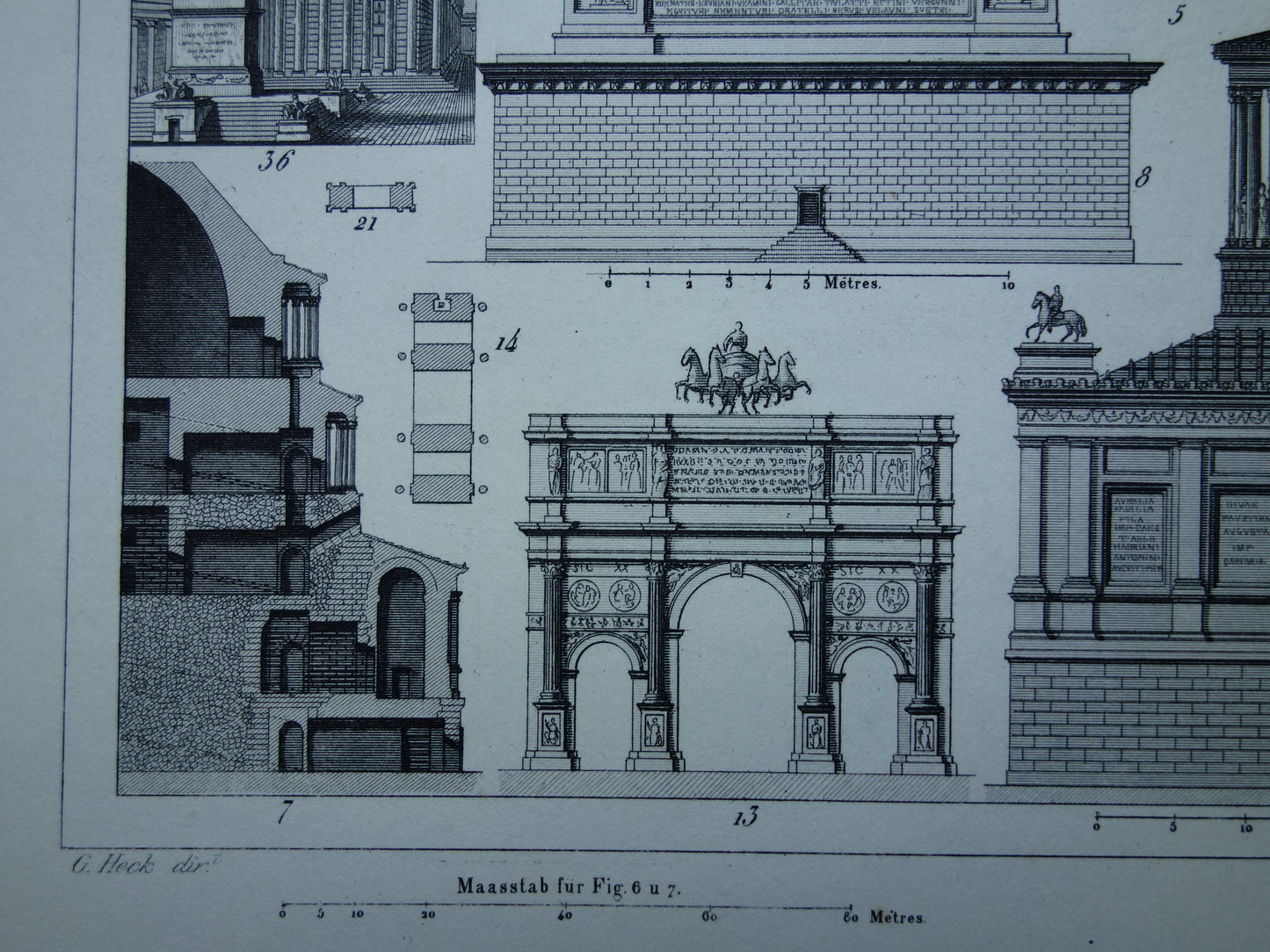 Boog van Trajanus en Engelenburcht Romeinse architectuur prent uit 1849 antieke illustratie Romeinse bouwkunst origineel 175+ jaar oud