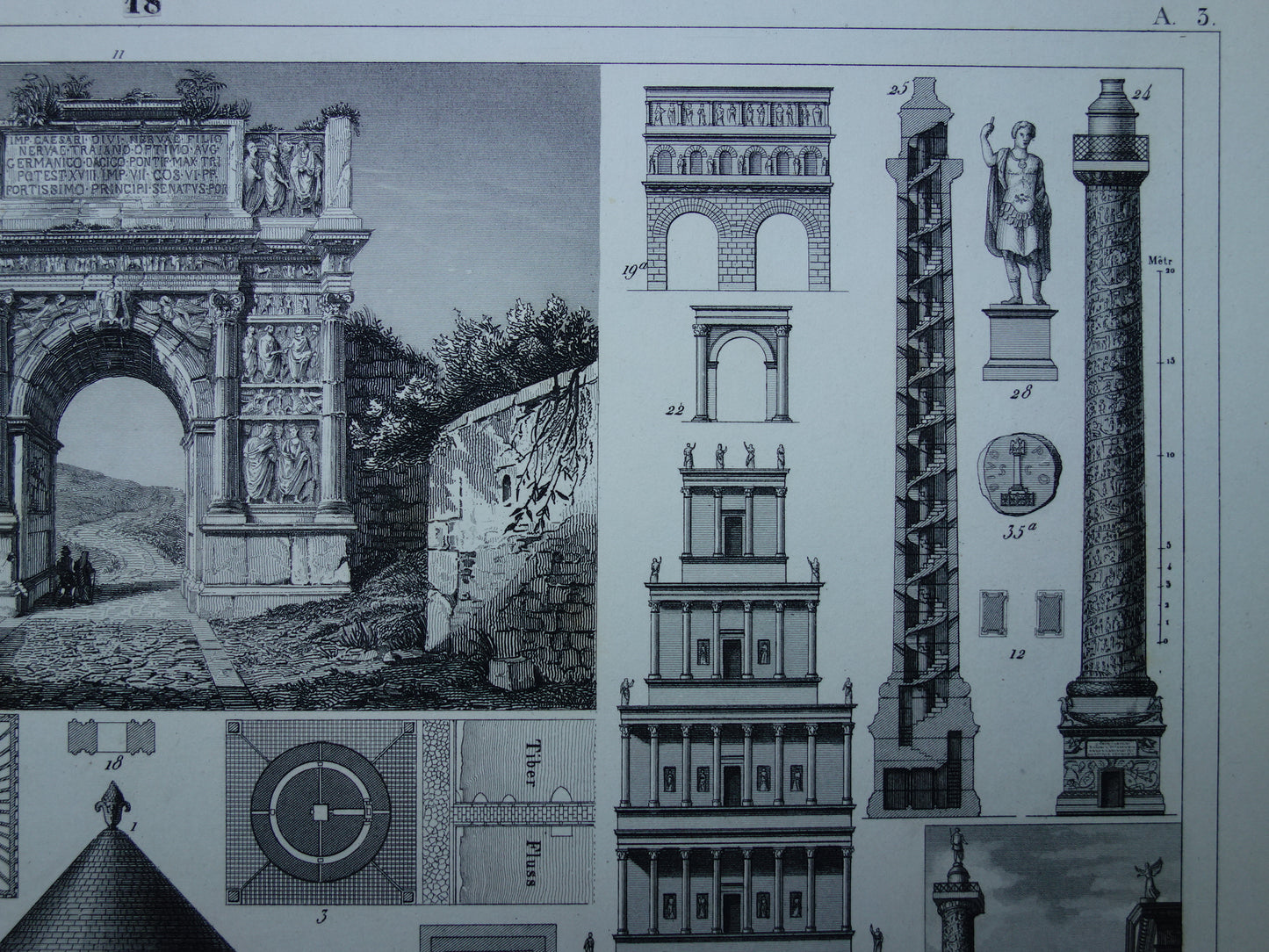 Boog van Trajanus en Engelenburcht Romeinse architectuur prent uit 1849 antieke illustratie Romeinse bouwkunst origineel 175+ jaar oud