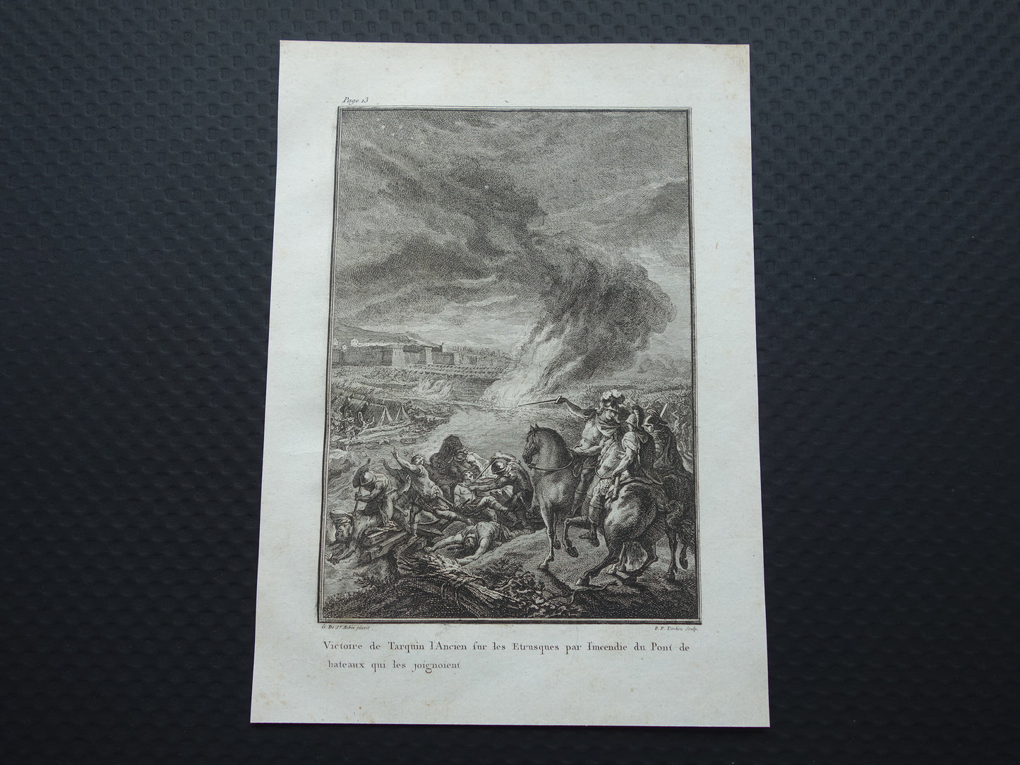 Koning Tarquinius de Oudere Geschiedenis van Rome Antieke prent Originele 200+ jaar oude illustratie Romeinse mythologie Overwinning op Etrusken