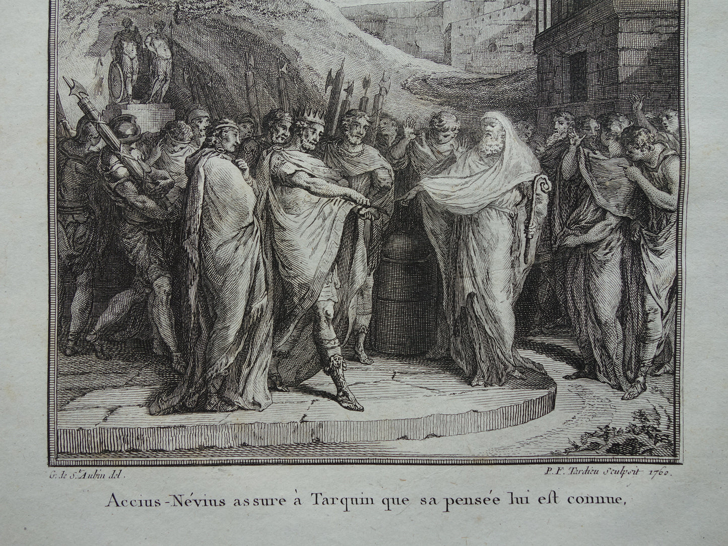 Koning Tarquinius Geschiedenis van Rome Antieke prent Originele 200+ jaar oude illustratie Romeinse mythologie Priester Accius Nevius