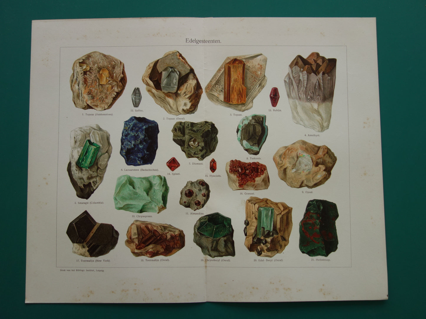 Antieke illustratie edelstenen Smaragd Topaas Toermalijn Oude prent uit 1907 Originele Nederlandse  edelsteen print Amethyst