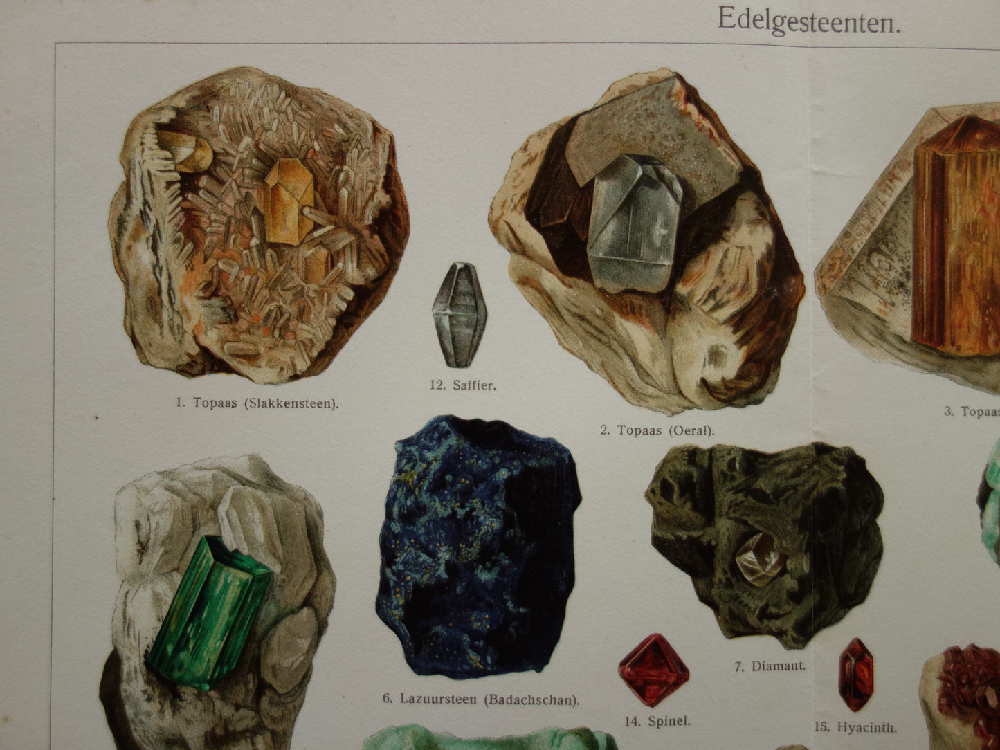 Antike Illustration von Edelsteinen: Smaragd, Topas, Turmalin. Alter Druck von 1907. Original niederländischer Edelsteindruck. Amethyst.