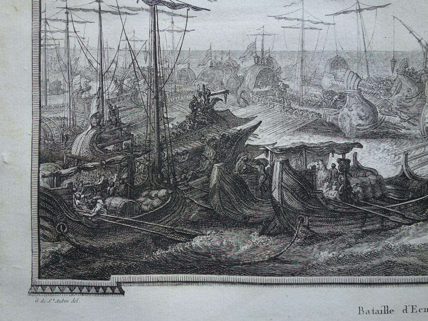 Romeinse zeeslag Slag bij Kaap Ecnomus Geschiedenis van Rome Antieke prent Originele 200+ jaar oude illustratie Vloot Romeinen
