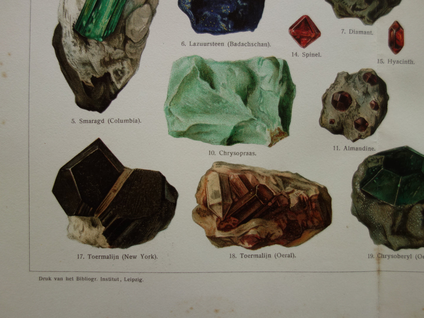 Antike Illustration von Edelsteinen: Smaragd, Topas, Turmalin. Alter Druck von 1907. Original niederländischer Edelsteindruck. Amethyst.