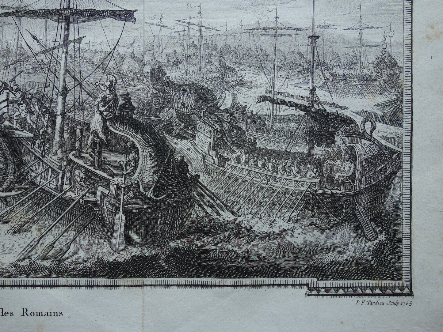Romeinse zeeslag Slag bij Kaap Ecnomus Geschiedenis van Rome Antieke prent Originele 200+ jaar oude illustratie Vloot Romeinen