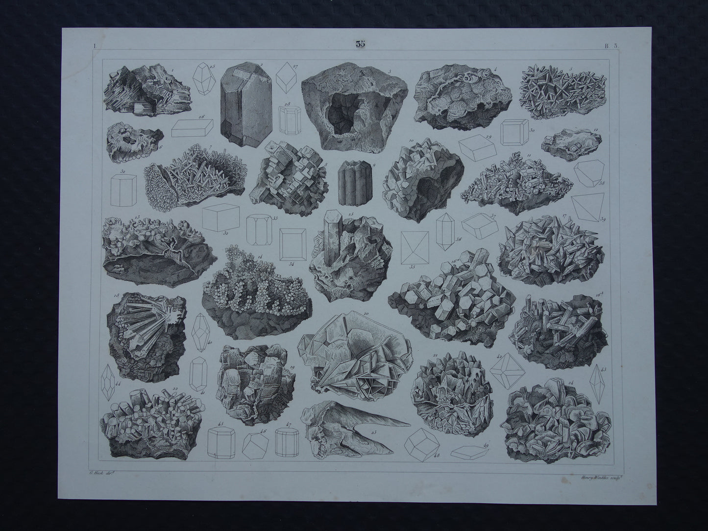 Mineralen en Kristallen antieke gravure 175+ jaar oude originele print kristal steen mineraal edelsteen vintage illustratie afbeelding mineralogie