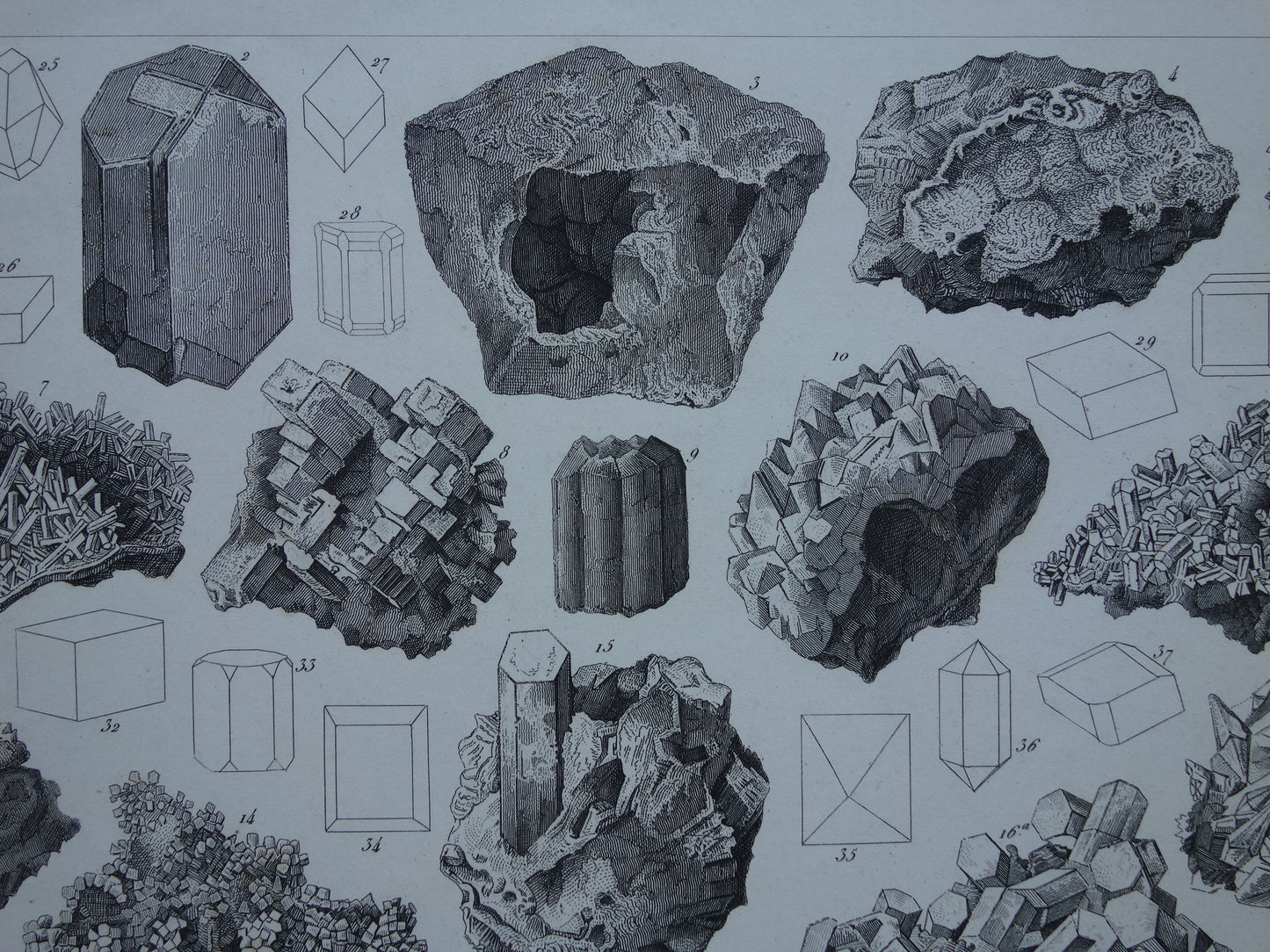 Mineralen en Kristallen antieke gravure 175+ jaar oude originele print kristal steen mineraal edelsteen vintage illustratie afbeelding mineralogie