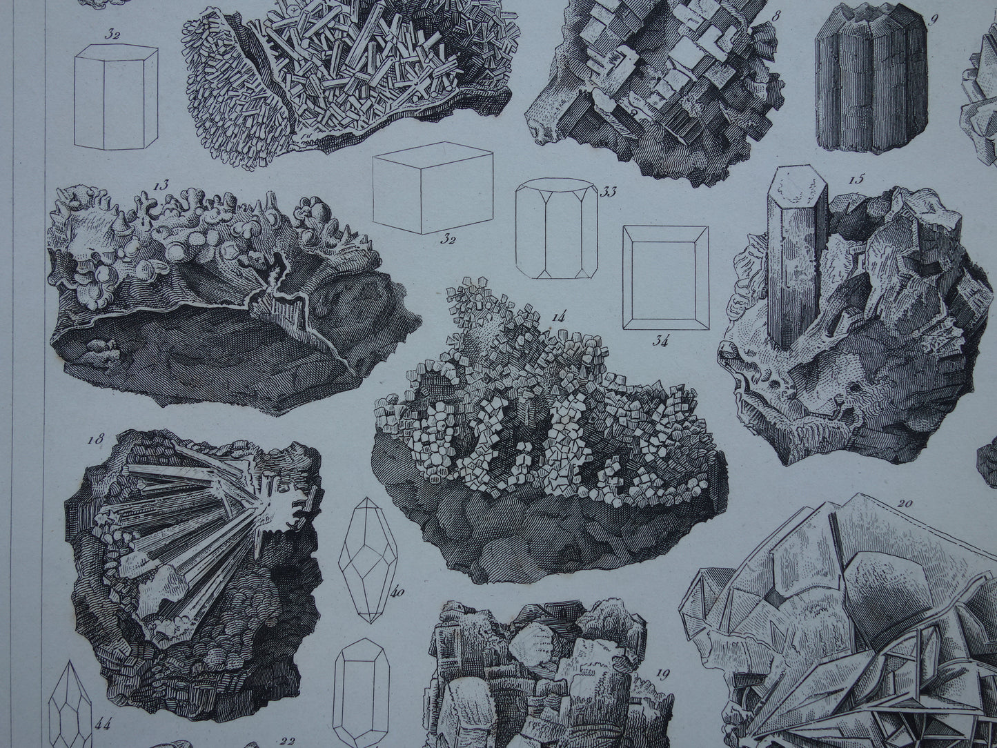 Mineralen en Kristallen antieke gravure 175+ jaar oude originele print kristal steen mineraal edelsteen vintage illustratie afbeelding mineralogie