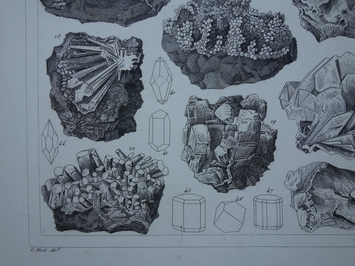 Mineralen en Kristallen antieke gravure 175+ jaar oude originele print kristal steen mineraal edelsteen vintage illustratie afbeelding mineralogie