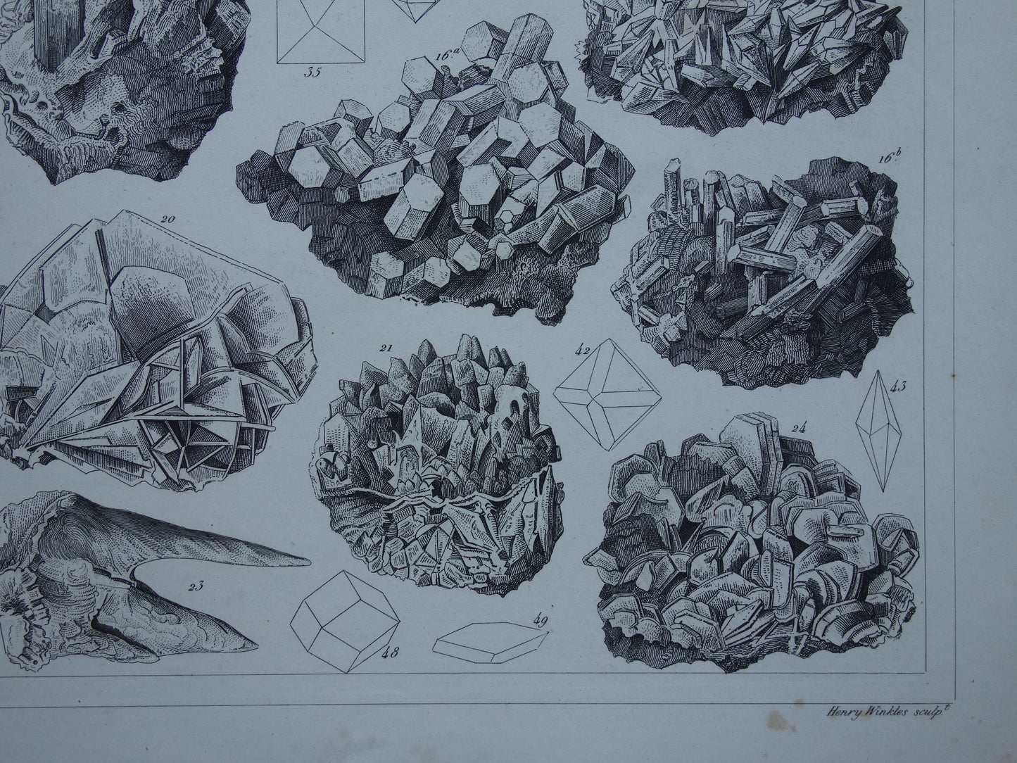 Mineralen en Kristallen antieke gravure 175+ jaar oude originele print kristal steen mineraal edelsteen vintage illustratie afbeelding mineralogie