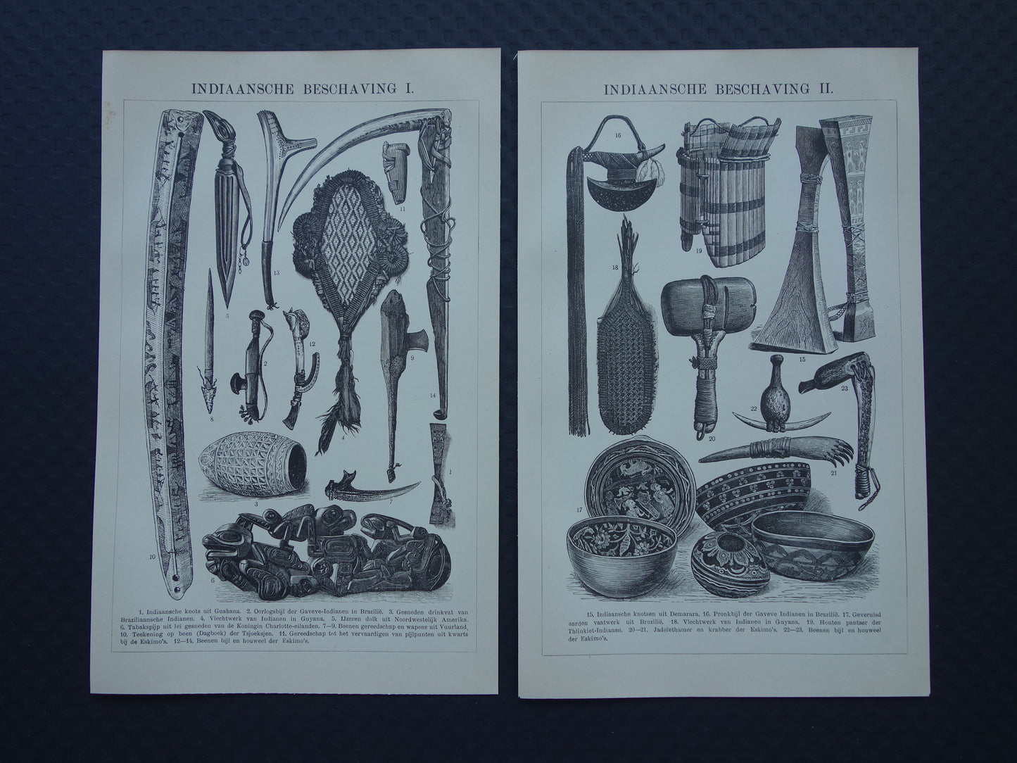 INDIANEN Antieke prent uit 1908 originele Nederlandse oude illustraties van gereedschappen, wapens en kunst, inheemse volken, Amerika, indiaanse Inuit, demerara