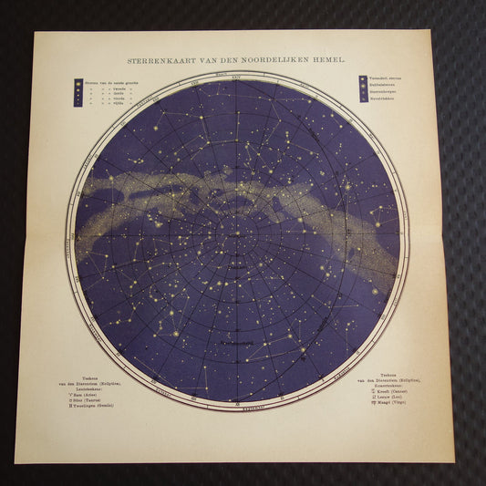 Astronomie prenten van de noordelijke en zuidelijke sterrenhemel 1911 originele antieke Nederlandse prints sterren print