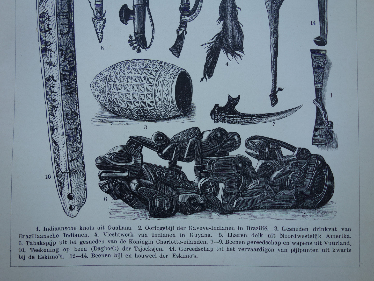INDIANEN Antieke prent uit 1908 originele Nederlandse oude illustraties van gereedschappen, wapens en kunst, inheemse volken, Amerika, indiaanse Inuit, demerara