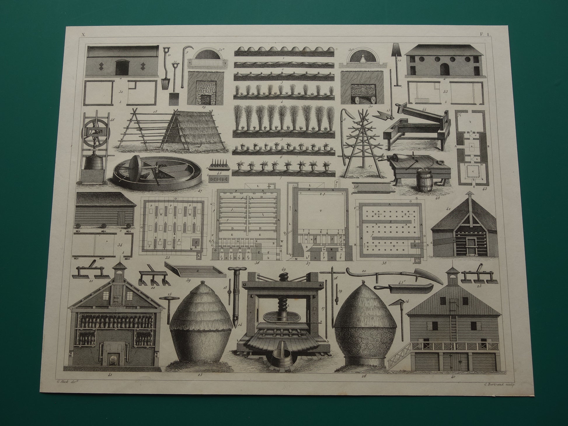 LANDBOUW 170+ jaar oude technologie prent  print illustratie boer vintage prints