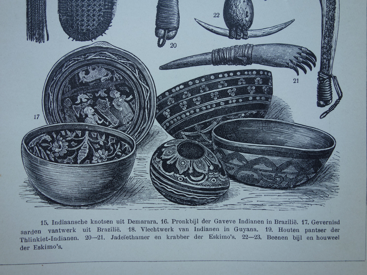 INDIANEN Antieke prent uit 1908 originele Nederlandse oude illustraties van gereedschappen, wapens en kunst, inheemse volken, Amerika, indiaanse Inuit, demerara