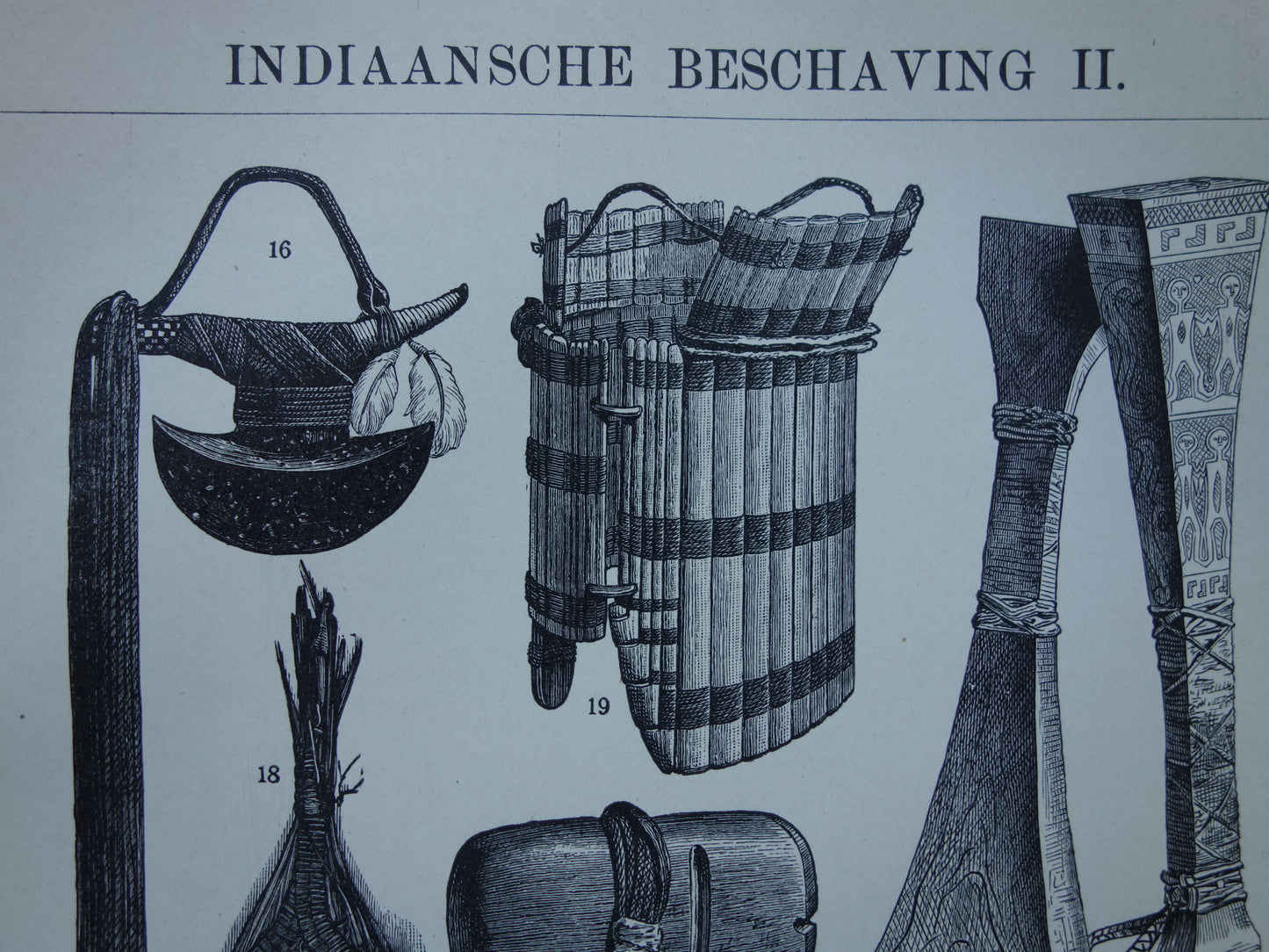 INDIANEN Antieke prent uit 1908 originele Nederlandse oude illustraties van gereedschappen, wapens en kunst, inheemse volken, Amerika, indiaanse Inuit, demerara