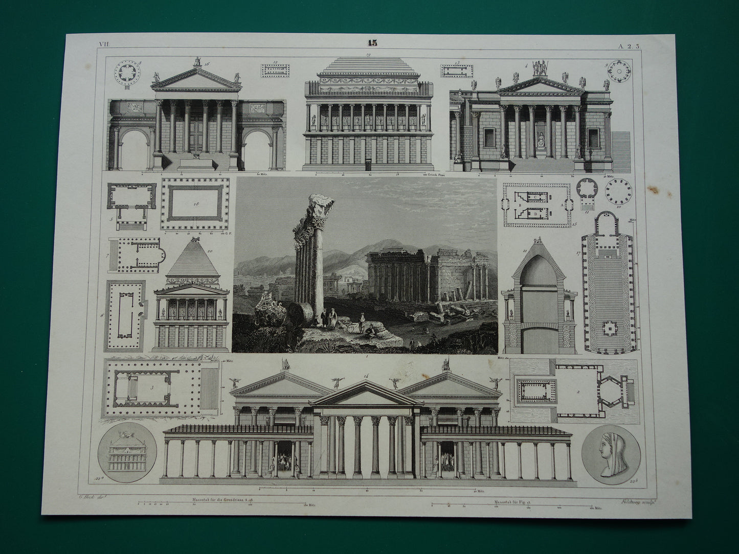 Romeinse Architectuur Print origineel 175+ jaar oude gravure klassieke bouwkunst Baalbek Concordiatempel Rome