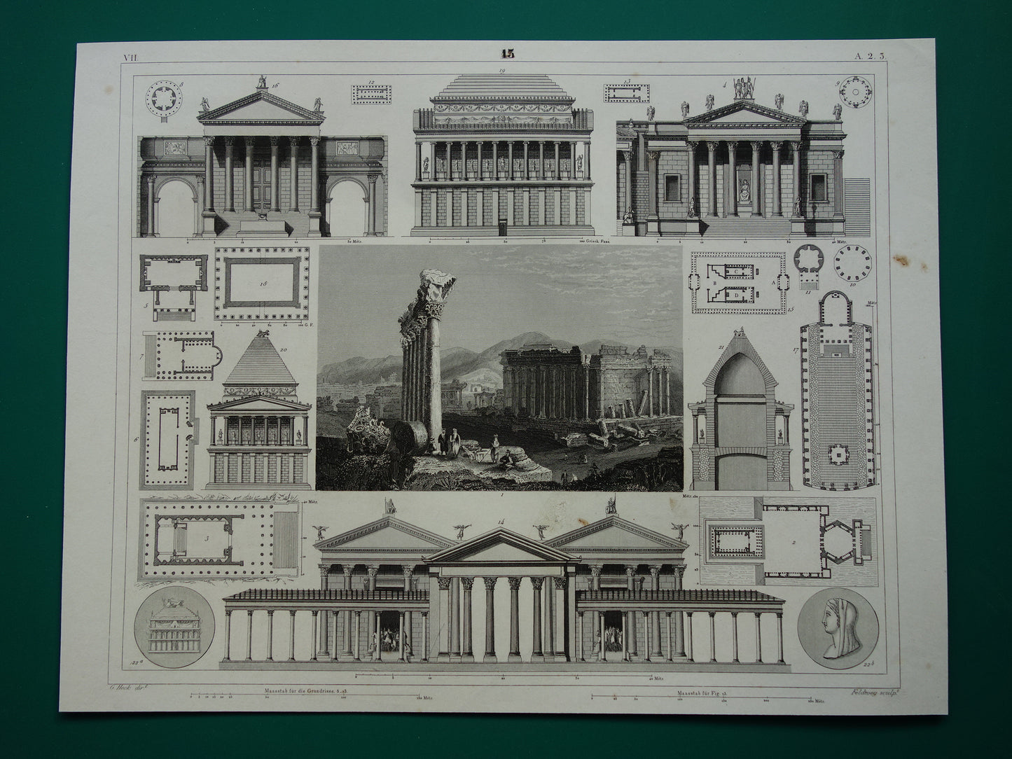 Romeinse Architectuur Print origineel 175+ jaar oude gravure klassieke bouwkunst Baalbek Concordia Tempel Rome