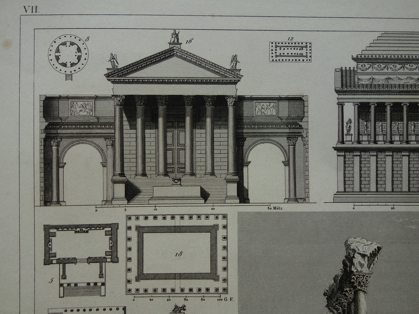 Romeinse Architectuur Print origineel 175+ jaar oude gravure klassieke bouwkunst Baalbek Concordia Tempel Rome