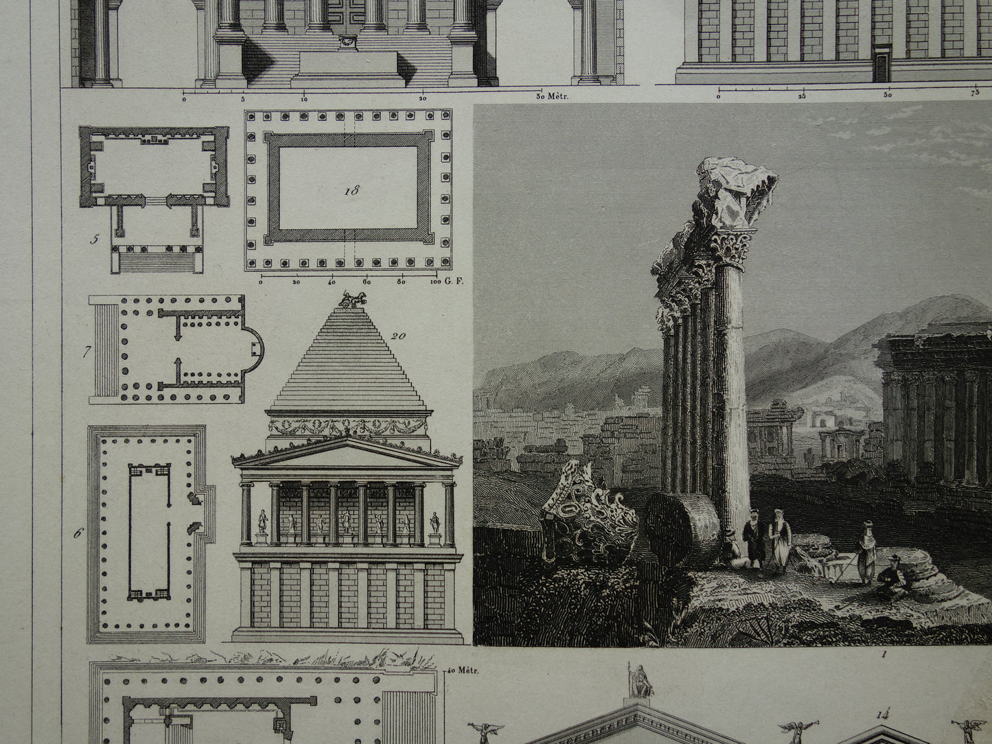 Romeinse Architectuur Print origineel 175+ jaar oude gravure klassieke bouwkunst Baalbek Concordia Tempel Rome