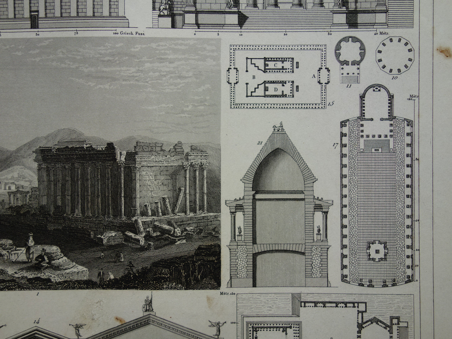 Romeinse Architectuur Print origineel 175+ jaar oude gravure klassieke bouwkunst Baalbek Concordia Tempel Rome