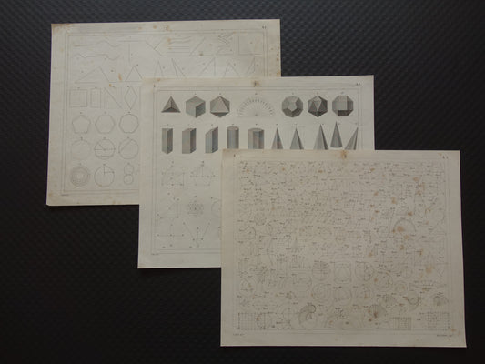 Oude geometrie prenten uit 1849 set van 3 originele antieke prints trigonometrie stereometrie kegels vintage illustratie wiskunde