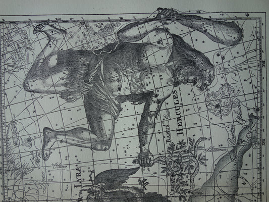 Oude astronomie prent van sterrenbeelden Hercules Cygnus en Vultur Lyra Antieke sterrenkaart astrologie sterrenbeeld vintage print