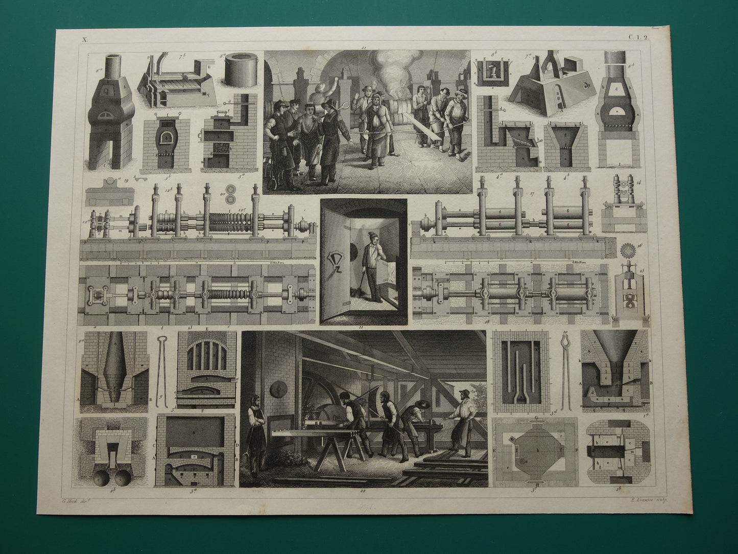 Metallurgie 170+ jaar oude technologie prent over productie van ijzer print illustratie hoogovens vintage prints