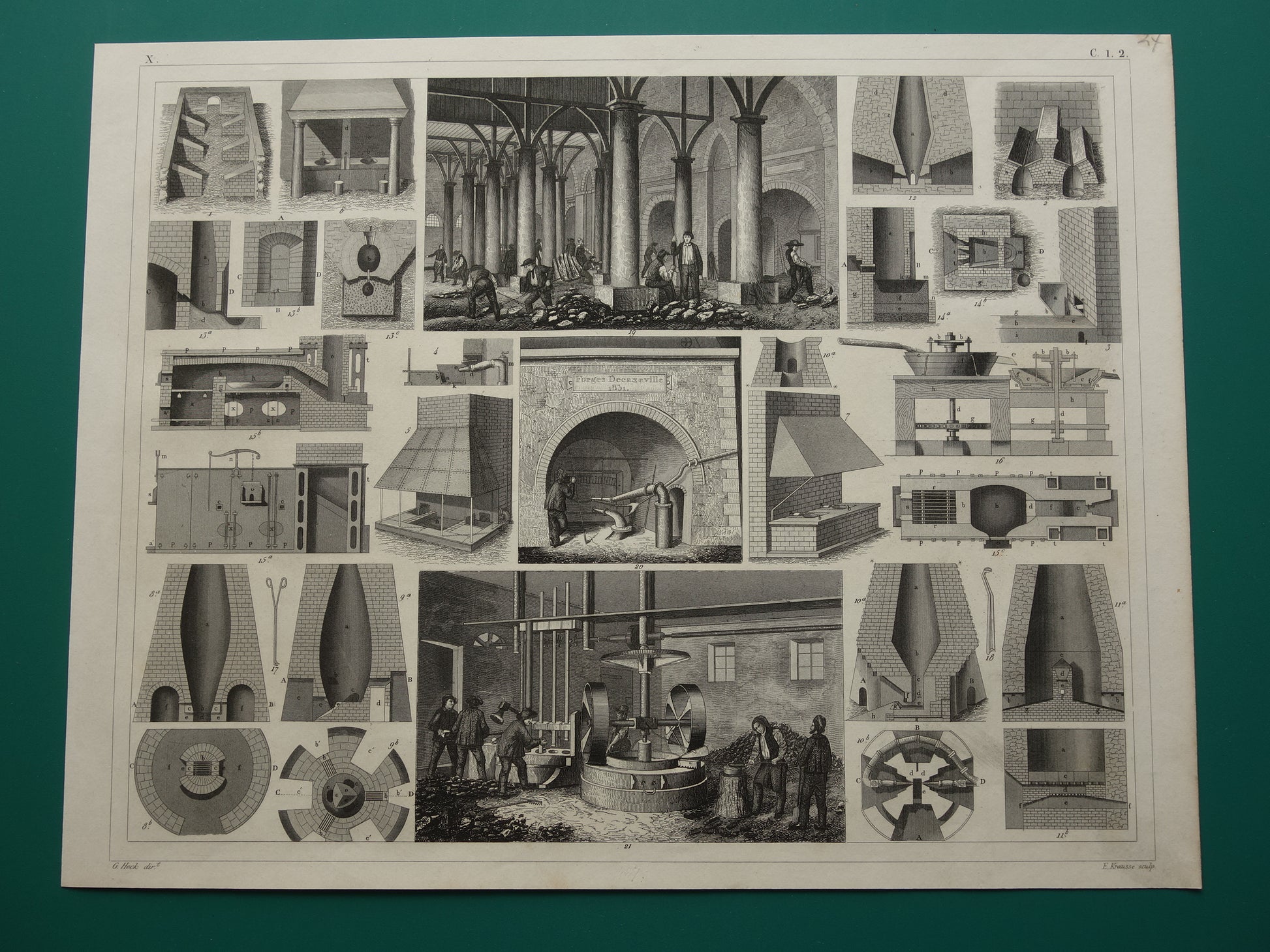 Metallurgie antieke prent over productie van metalen technologie print illustratie hoogovens vintage prints