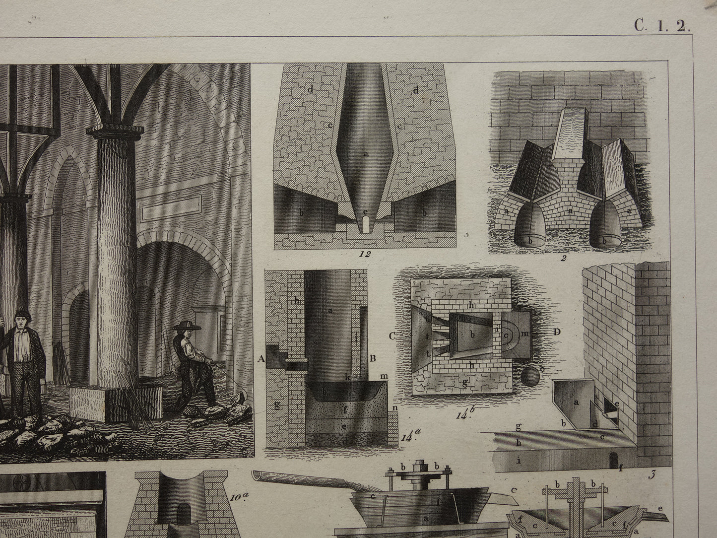 Metallurgie antieke prent over productie van metalen technologie print illustratie hoogovens vintage prints