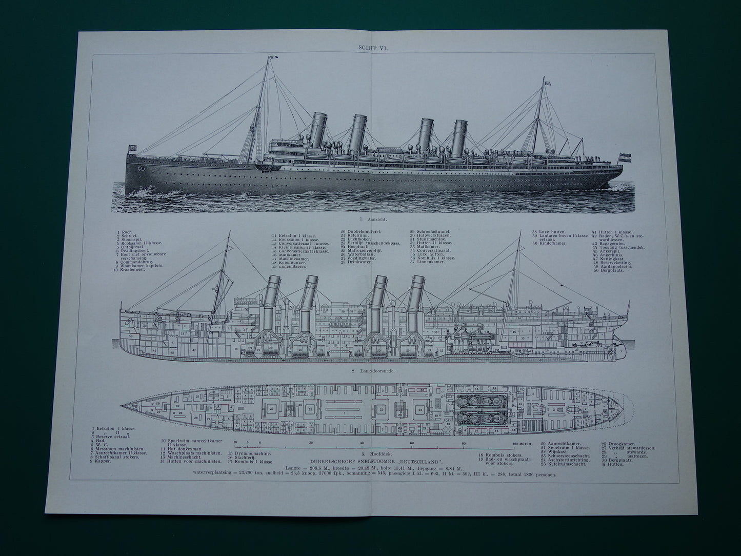 Stoomschip illustratie Oceaanstomer Deutschland 1938 originele oude schip scheepvaart print