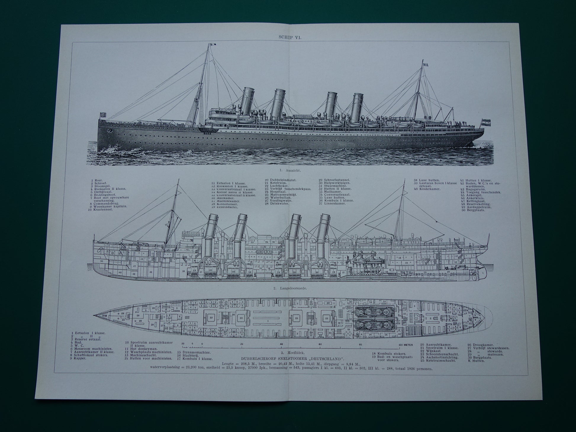 Stoomschip illustratie Oceaanstomer Deutschland 1938 originele oude schip scheepvaart print