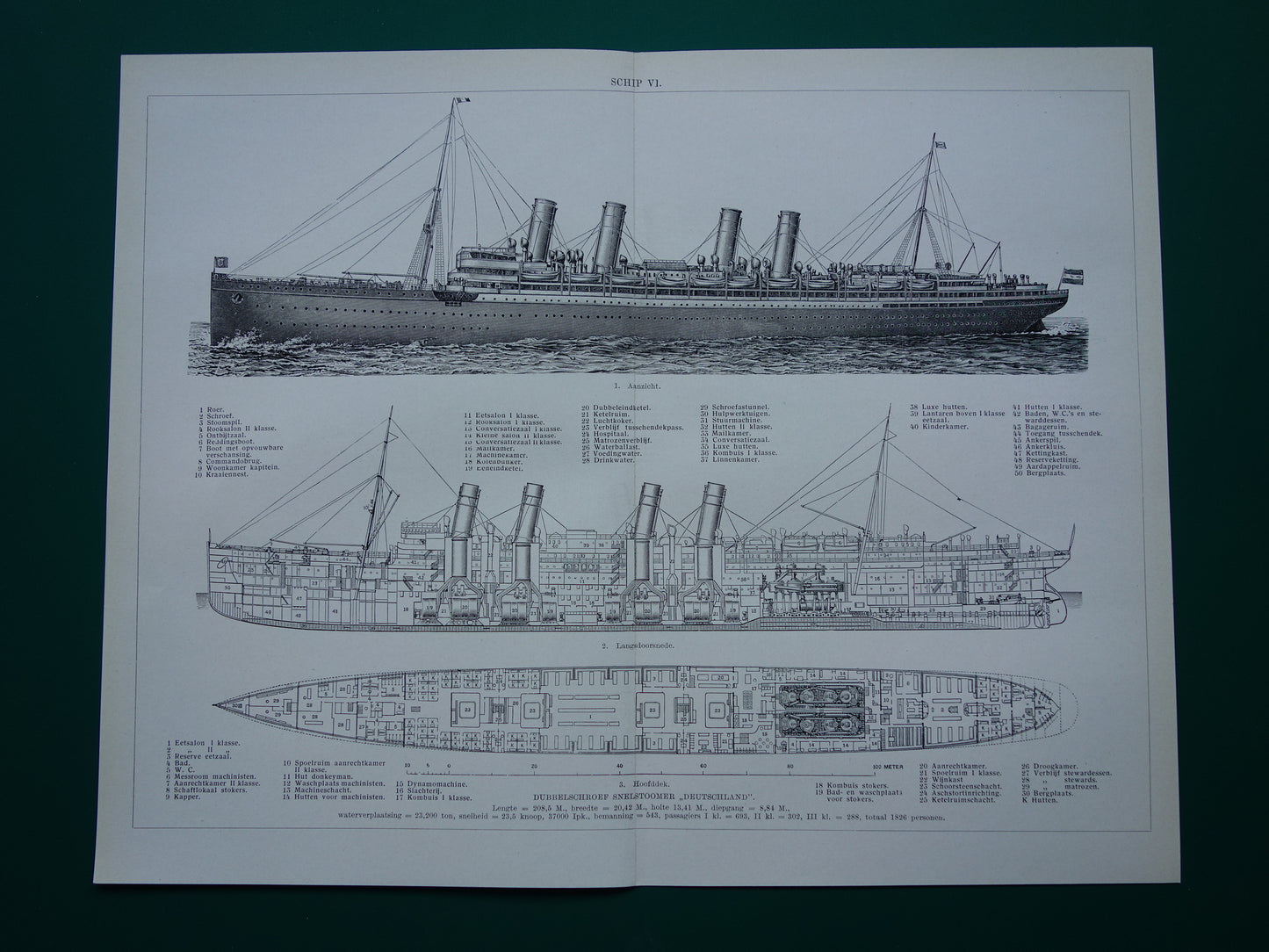 Stoomschip illustratie Oceaanstomer Deutschland 1938 originele oude schip scheepvaart print