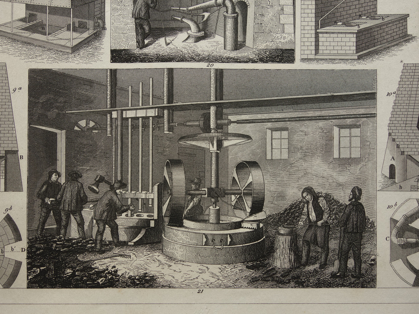 Metallurgie antieke prent over productie van metalen technologie print illustratie hoogovens vintage prints