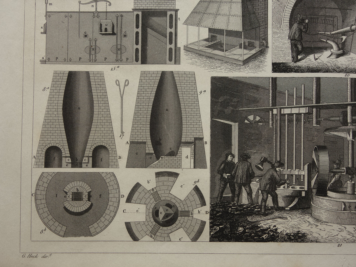 Metallurgie antieke prent over productie van metalen technologie print illustratie hoogovens vintage prints