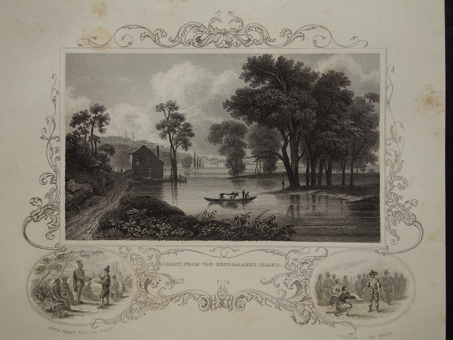 Oude gravure gezicht op Albany NY Originele antieke illustratie Vintage prenten