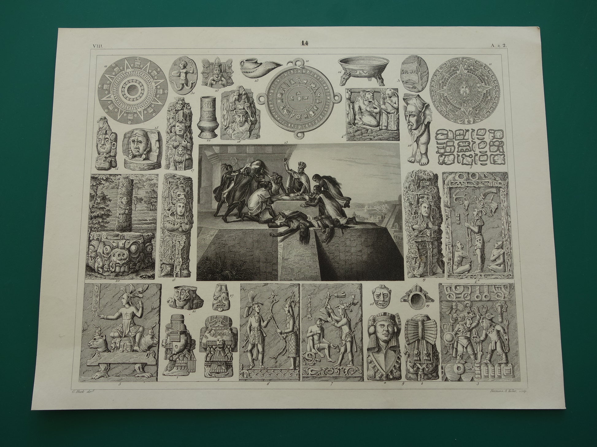 Mexikaanse Azteekse religie antieke print originele 1849 oude illustratie Azteken sculpturen rituelen vintage religie prenten mensoffer