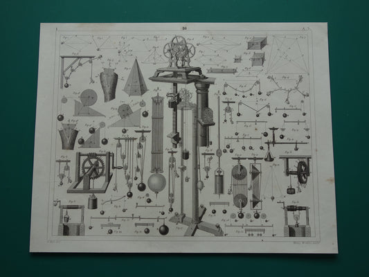 Natuurkunde oude prent katrollen 1849 originele antieke illustratie wetenschappelijke experimenten vintage print