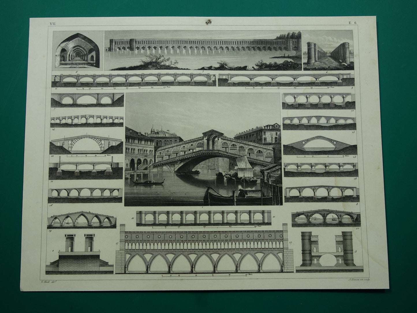 BRUG Rialtobrug Venetië Antieke architectuur prent 1849 Bruggenbouw Bruggen oude illustratie vintage prints