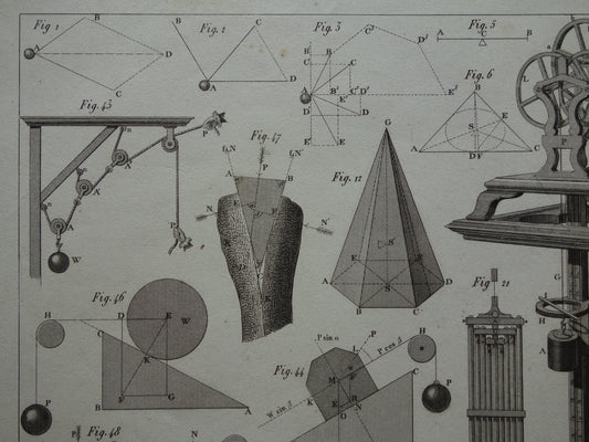 Natuurkunde oude prent katrollen 1849 originele antieke illustratie wetenschappelijke experimenten vintage print
