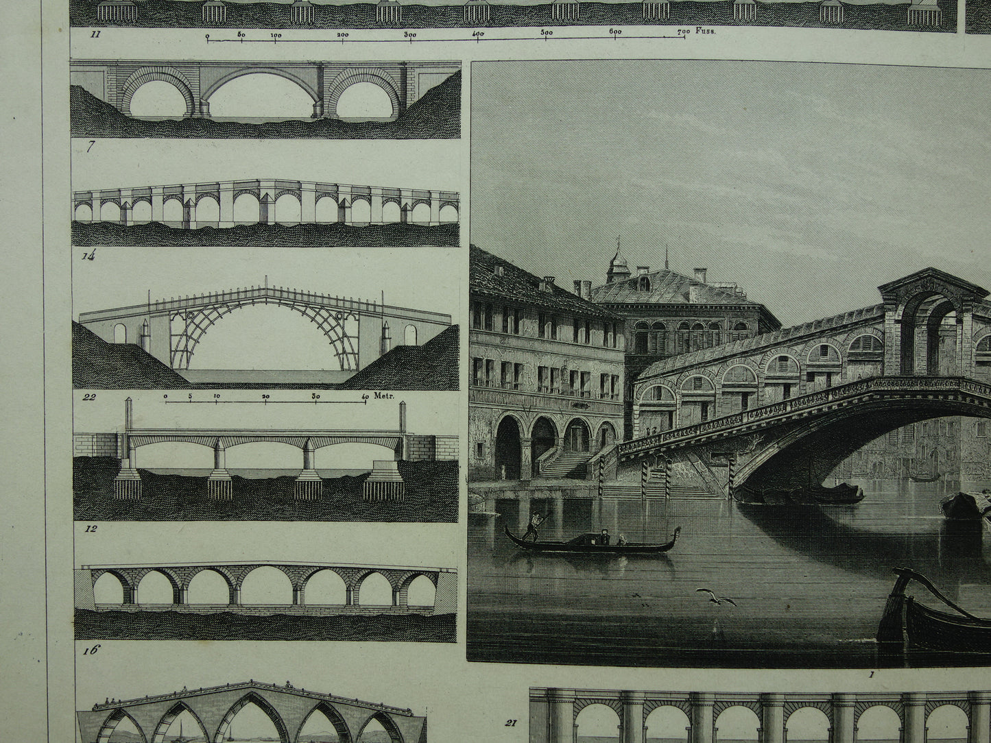 BRUG Rialtobrug Venetië Antieke architectuur prent 1849 Bruggenbouw Bruggen oude illustratie vintage prints