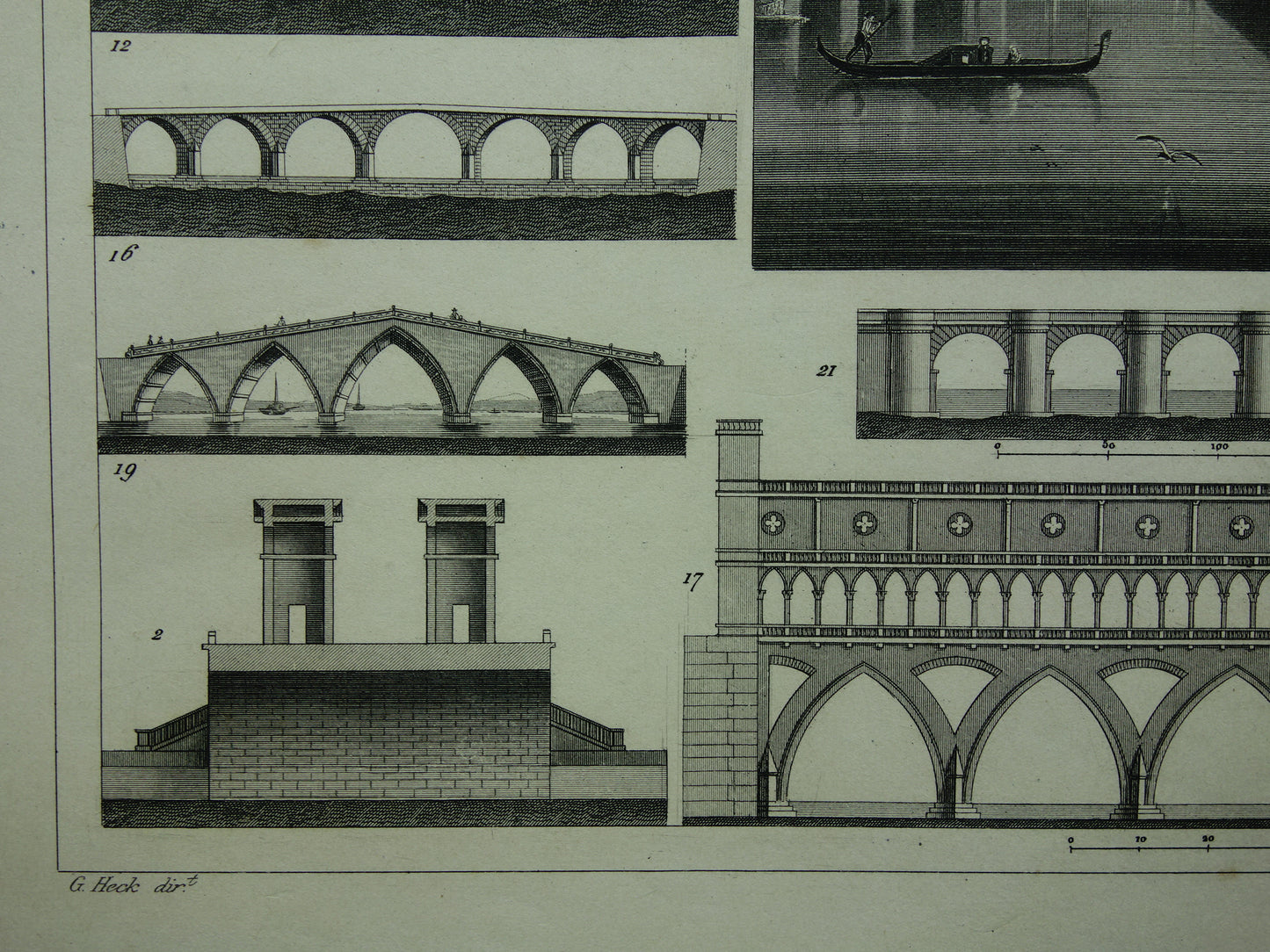 BRUG Rialtobrug Venetië Antieke architectuur prent 1849 Bruggenbouw Bruggen oude illustratie vintage prints