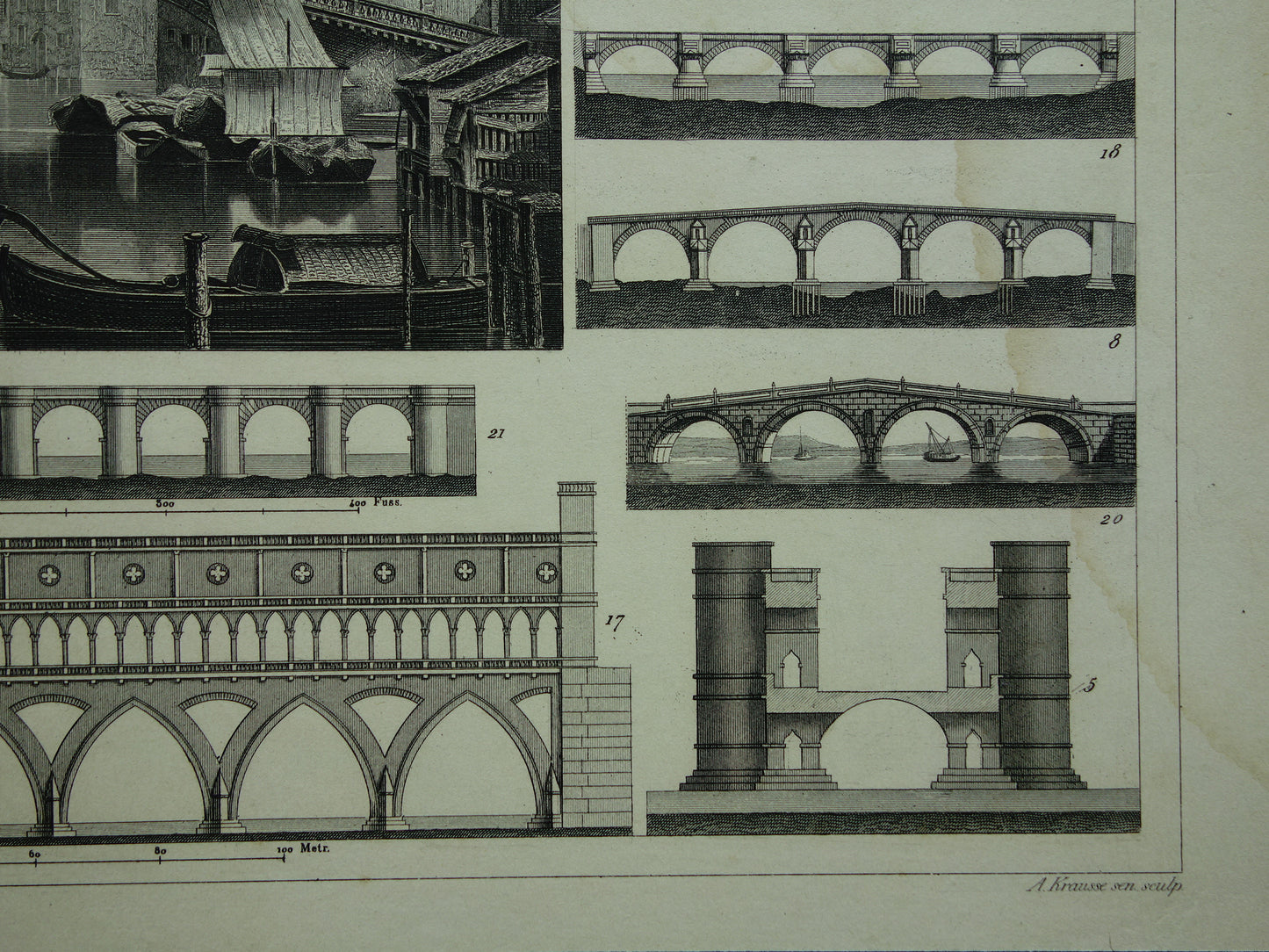 BRUG Rialtobrug Venetië Antieke architectuur prent 1849 Bruggenbouw Bruggen oude illustratie vintage prints