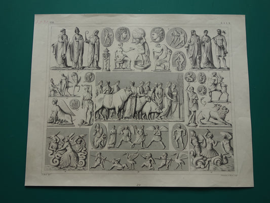 Griekse en Romeinse Goden uit de Oudheid 1849 oude illustratie Minotaur Amazone