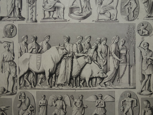 Griekse en Romeinse Goden uit de Oudheid 1849 oude illustratie Minotaur Amazone