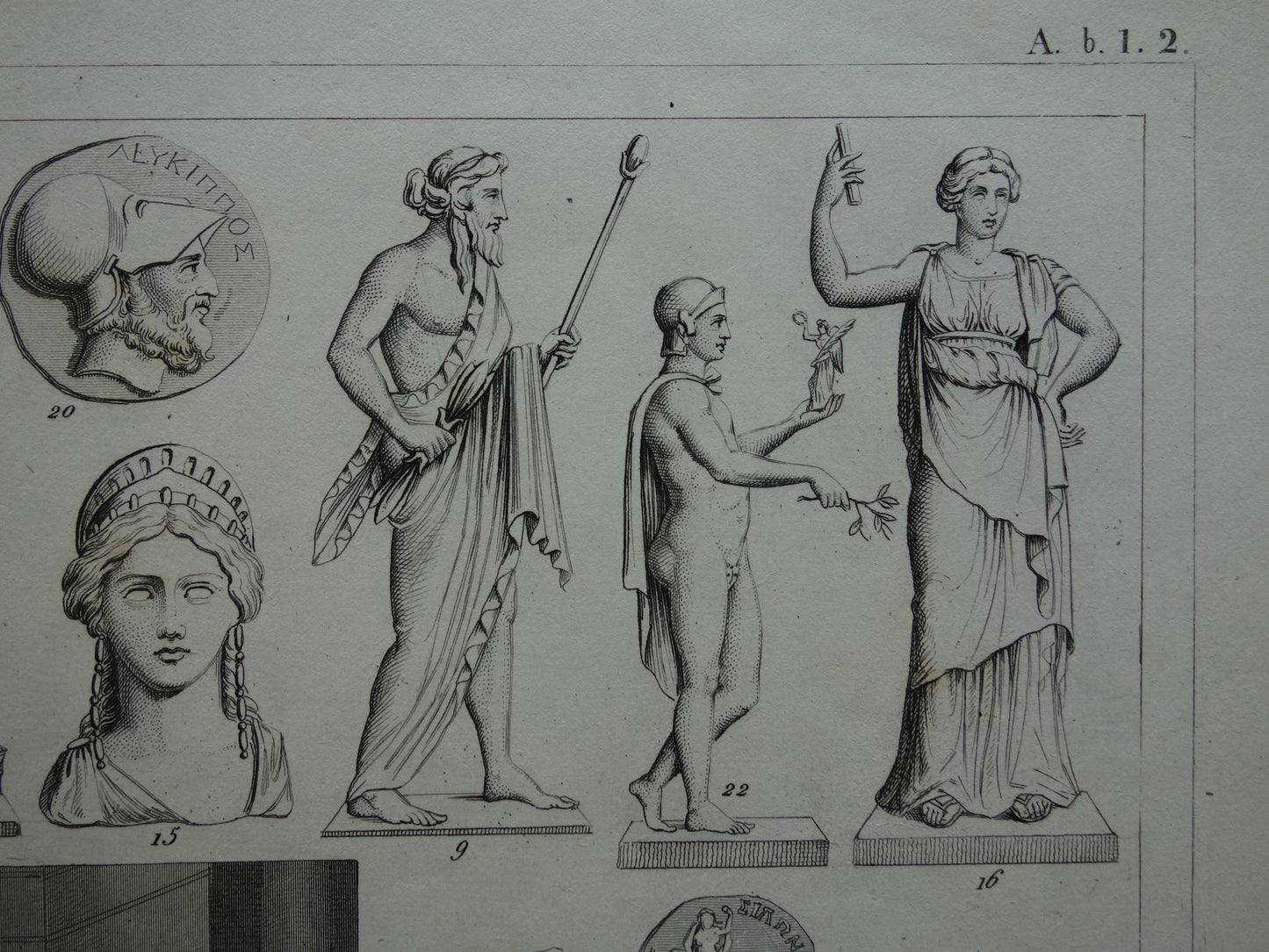 Vintage print van Griekse en Romeinse goden Originele antieke illustratie Mars Apollo Jupiter oude religie prent