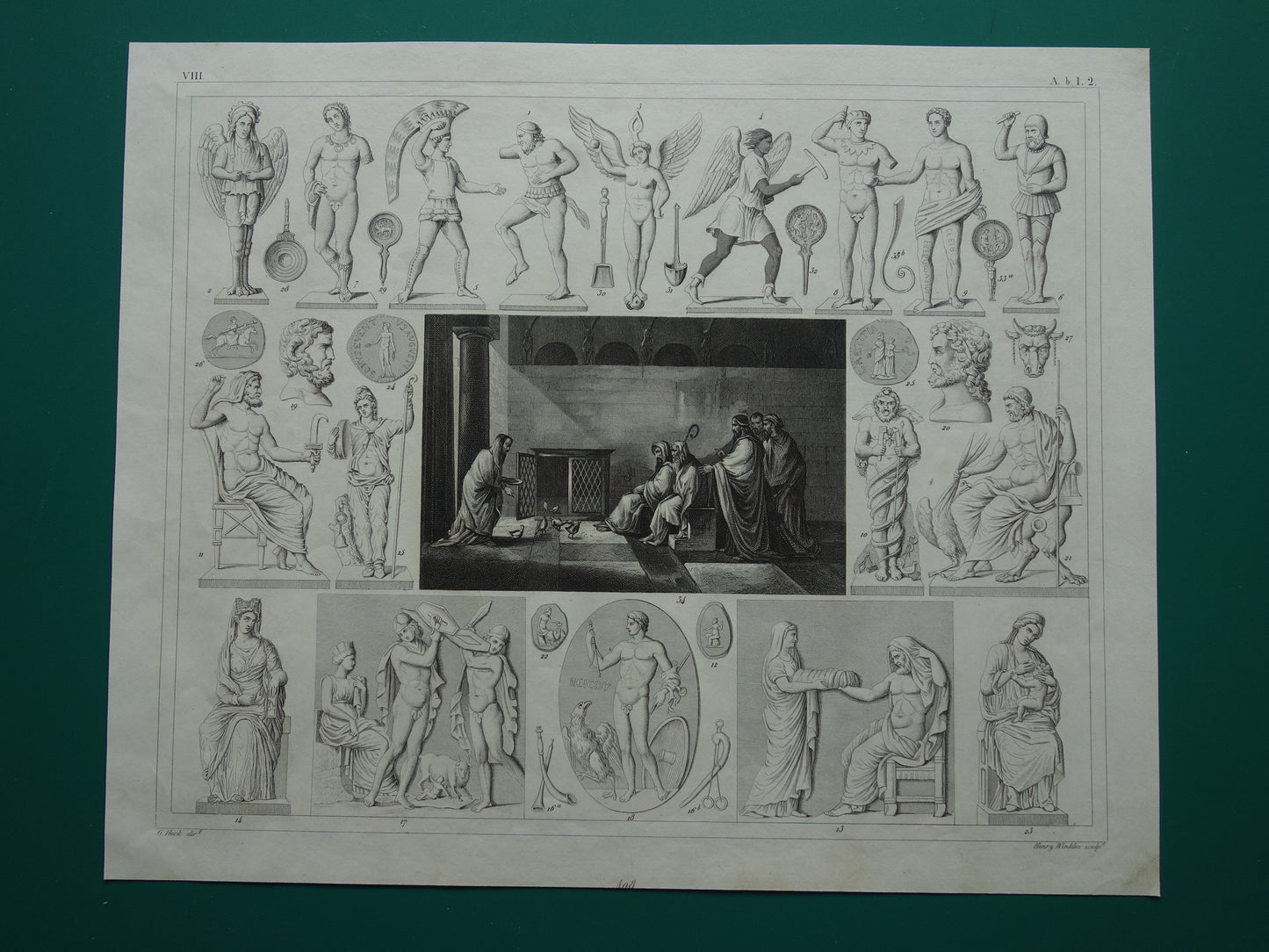Oude prent van Griekse en Romeinse goden Antieke illustratie Oud Rome Religie God rituelen Vintage prenten Augur